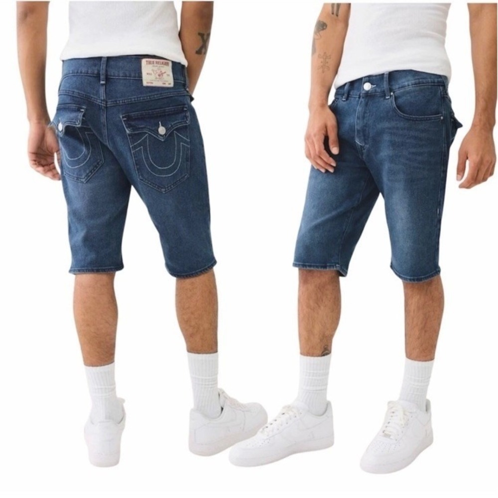 True Religion Mens Ricky Relaxed Straight Denim Shorts Dark Lagoon Wash Size 34